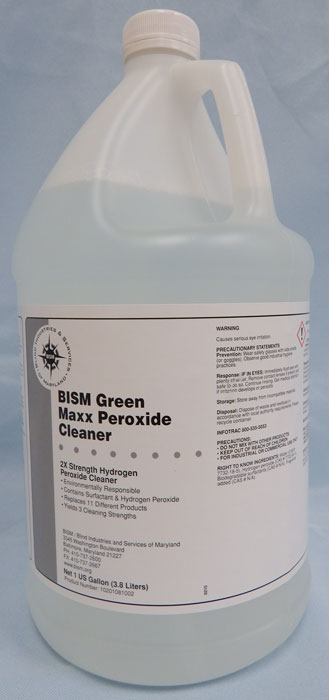 clear jug with blue-tinged clear liquid inside, white label with grey stripe - BISM Green Maxx Peroxide Cleaner